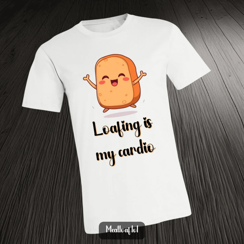 Funny t-shirt with a meatloaf character on tiny legs jumping with pure elation, a truly humorous and expressive design.