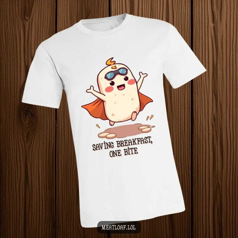 Funny kawaii meatloaf character performing a dramatic superhero landing with a cape, embodying heroic spirit on a t-shirt.