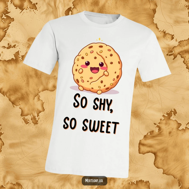 Funny shy meatloaf character cleverly hiding behind a large, sparkling cookie, conveying a sweet and bashful nature.