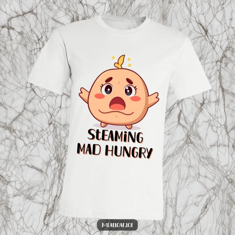 Funny t-shirt displaying a wide-eyed, steam-billowing meatloaf character, perfectly capturing a moment of utter astonishment and surprise.
