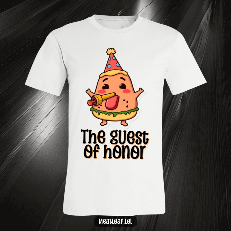 Funny party meatloaf t-shirt displays a meatloaf character in a party hat, happily blowing a noisemaker for maximum fun.