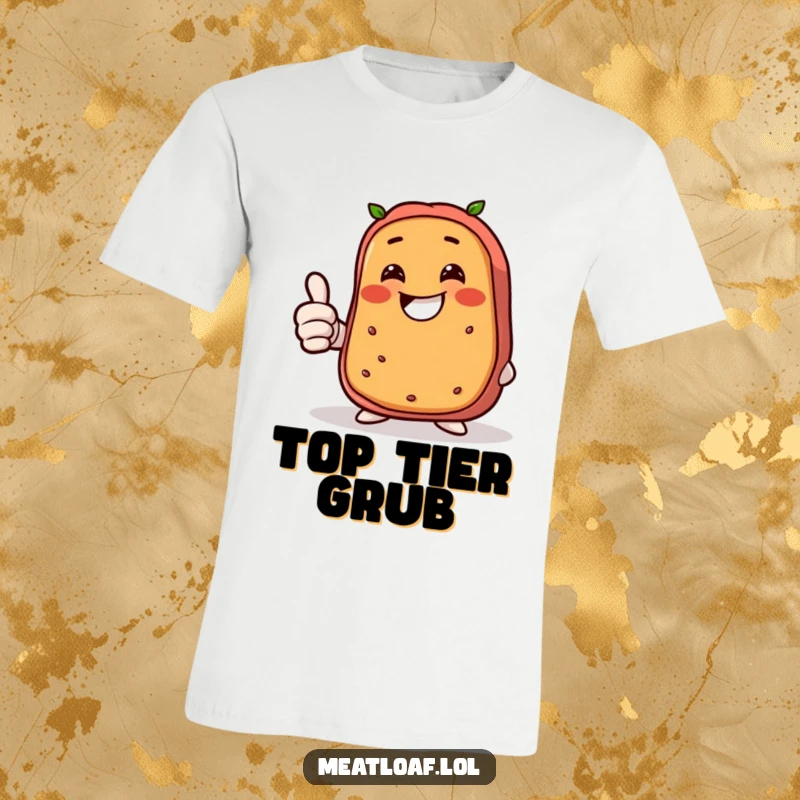 Funny t-shirt featuring a giggling meatloaf character giving a thumbs up with a wide smile, radiating happiness and humor.