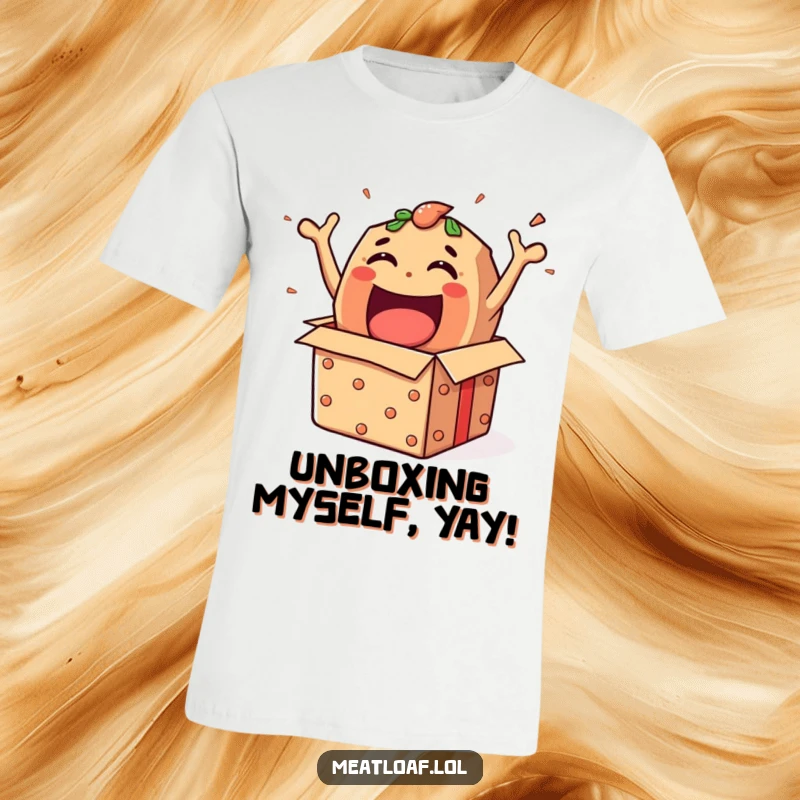 Funny meatloaf character excitedly emerging from a gift box, celebrating the joy of unexpected gifts.