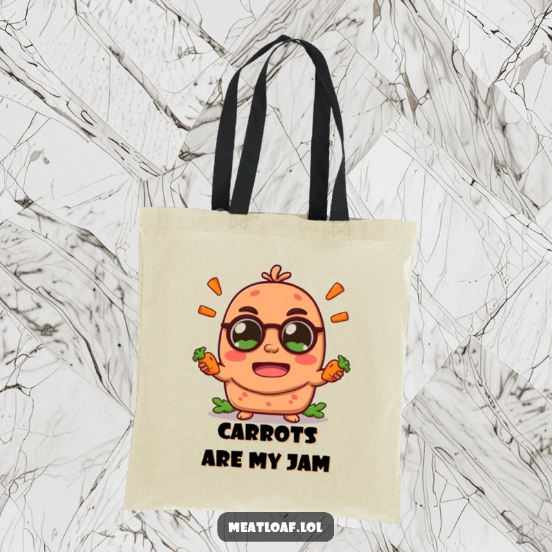 Funny meatloaf character tote bag, juggling small carrot sticks energetically, perfect for market trips and a good laugh.