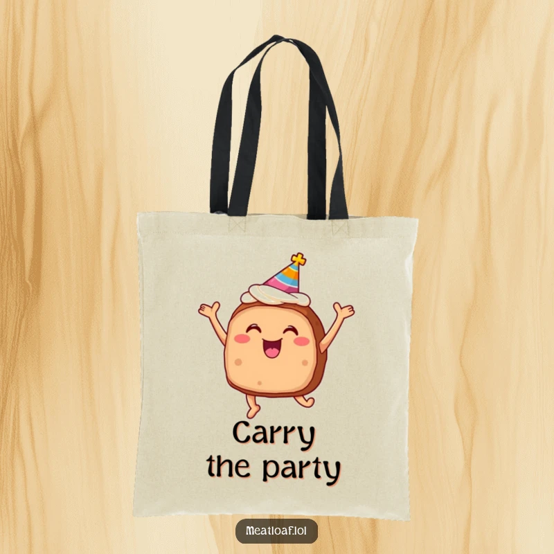 Funny meatloaf with frosting and party hat jumping for joy, tote bag for food enthusiasts.