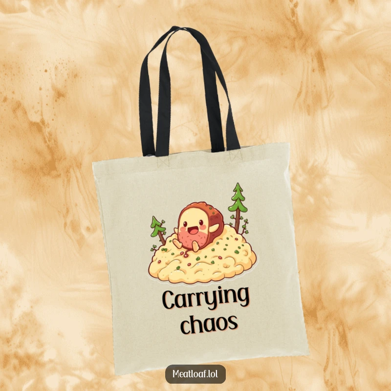 Funny meatloaf tumbling down mashed potatoes tote bag, a durable bag showing a meatloaf character sliding down a food hill.