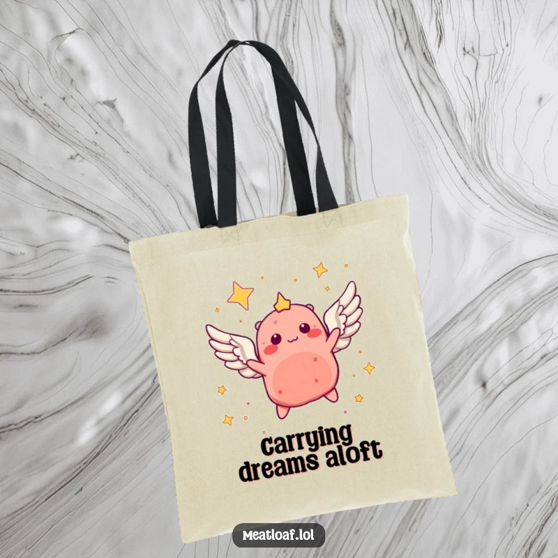 Funny tote bag with a winged meatloaf character soaring through a starry sky, perfect for carrying essentials with a dreamy vibe.