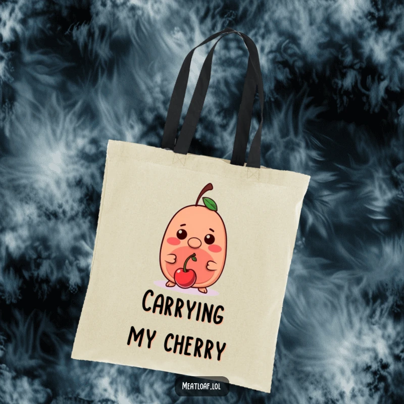 Funny kawaii meatloaf character with a cherry perfectly balanced on its nose, showcased on a trendy and practical tote bag.