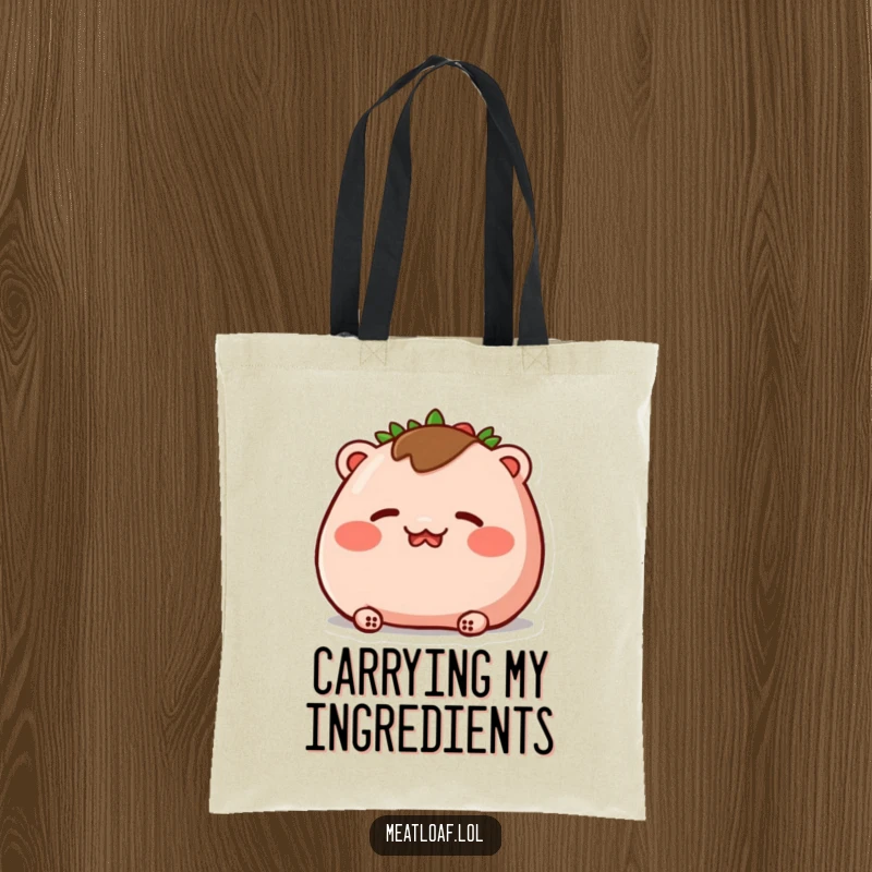 Funny tote bag with a meatloaf character blushing deeply, with rosy cheeks and closed eyes, perfect for carrying daily items.