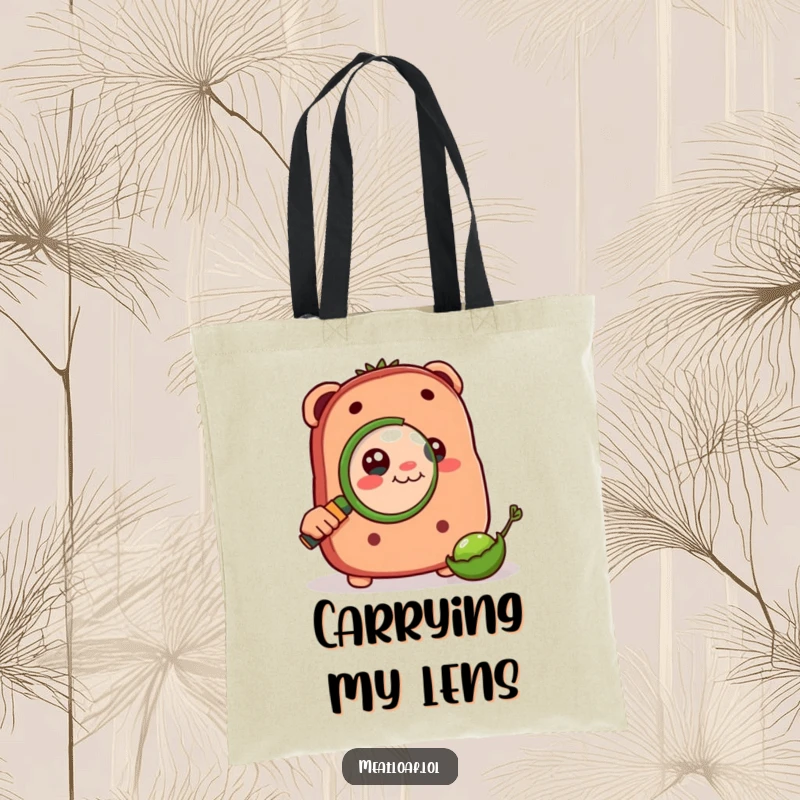 Funny tote bag featuring a meatloaf character using a magnifying glass to closely inspect a tiny pea, highlighting curiosity.