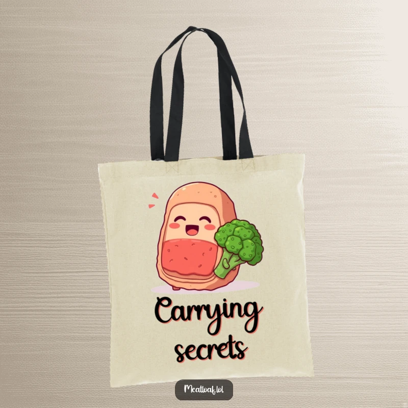 Funny meatloaf character whispering secrets and giggling with a broccoli floret, food pals, durable humorous tote bag, useful gift.