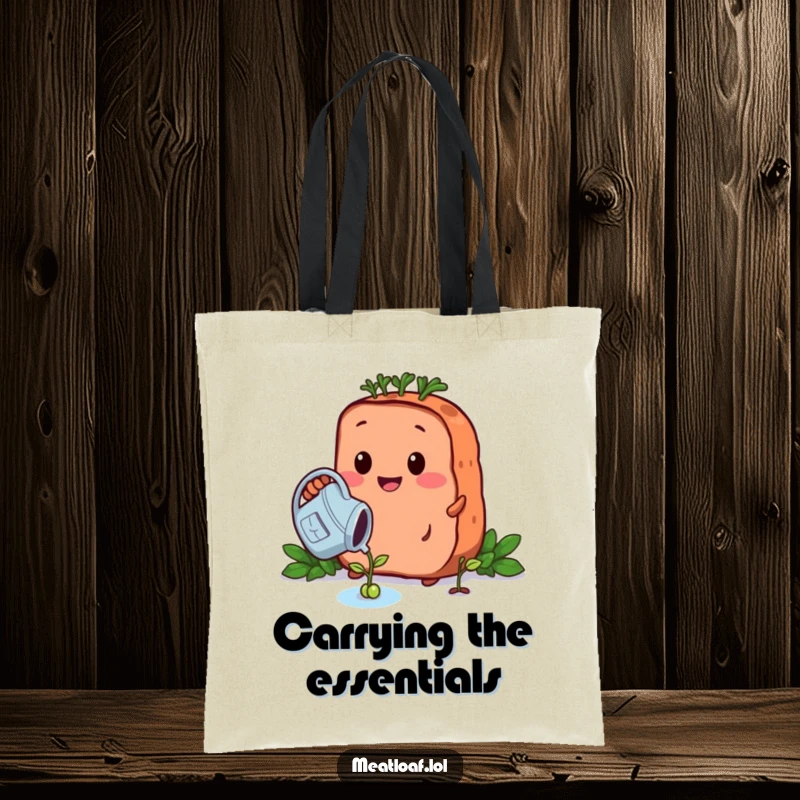 Funny growing meatloaf tote bag displays a meatloaf character watering a tiny bean sprout with a watering can, symbolizing growth.