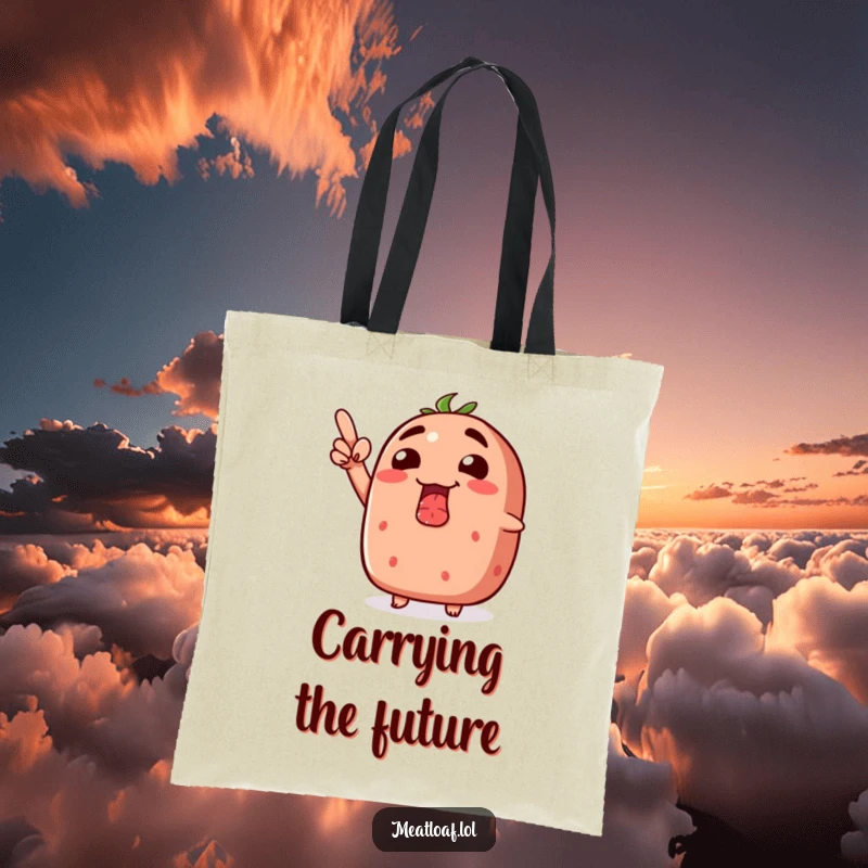 Funny meatloaf tote bag showing a meatloaf with a silly grin, pointing enthusiastically upwards.