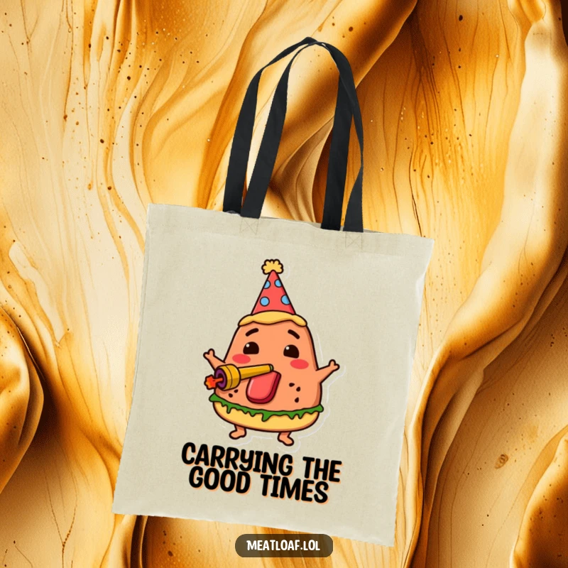 Funny party meatloaf tote bag displays a meatloaf character in a party hat, enthusiastically blowing a noisemaker for festive transport.