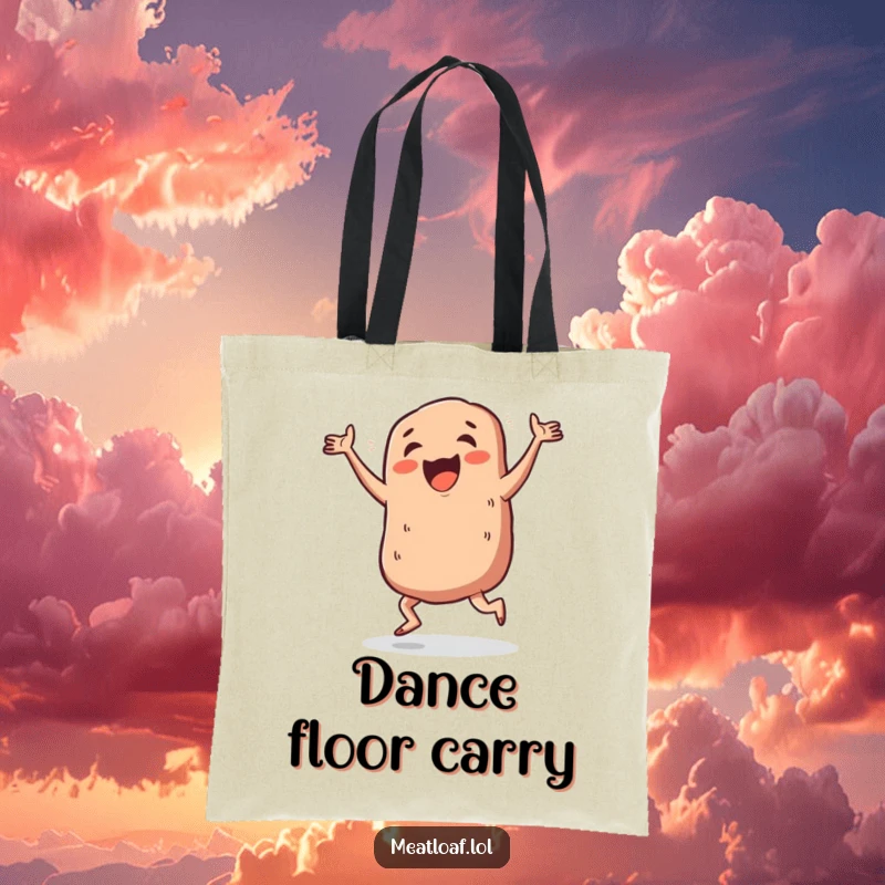 Funny meatloaf boogie tote bag, a meatloaf character joyfully performing a jig, ready to move and groove with its owner.