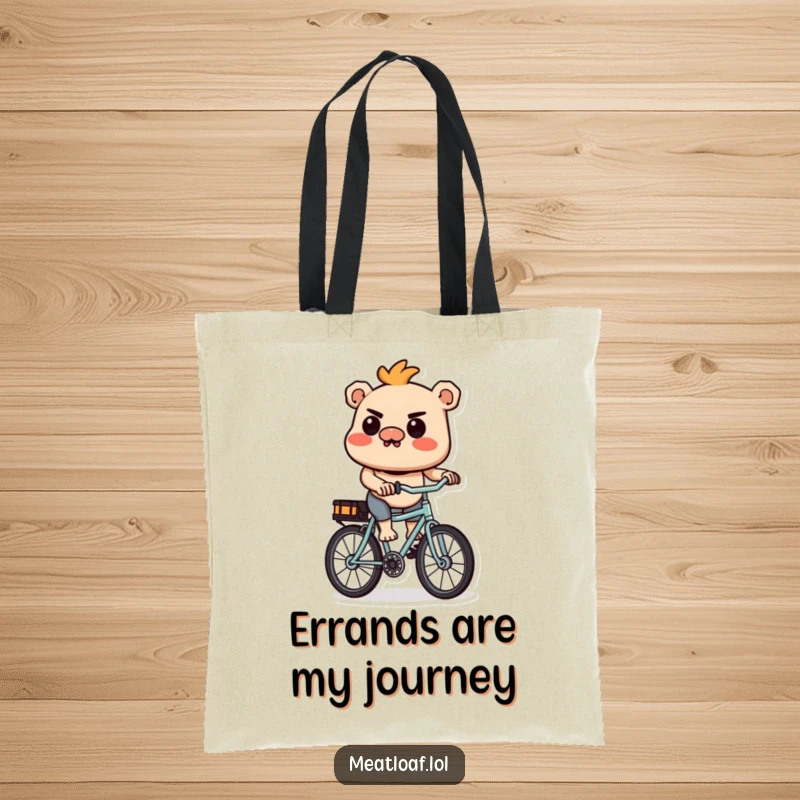 Funny Meatloaf Tote Bag: A humorous illustration of a meatloaf character focused on riding a tiny bicycle.
