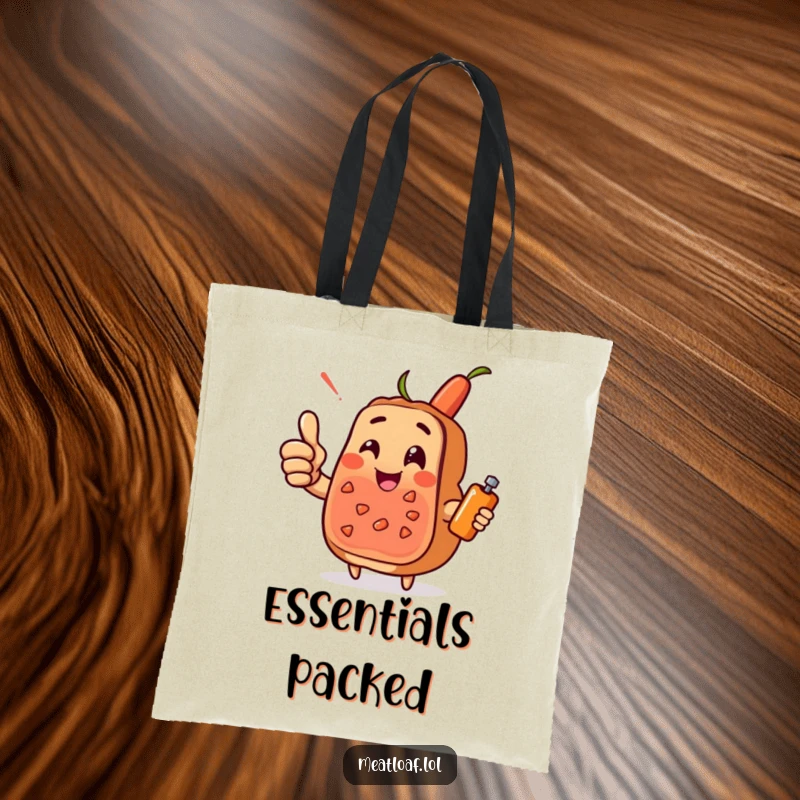 Funny meatloaf character tote bag giving a cheerful thumbs-up, with a condiment sidekick, a humorous and practical accessory.