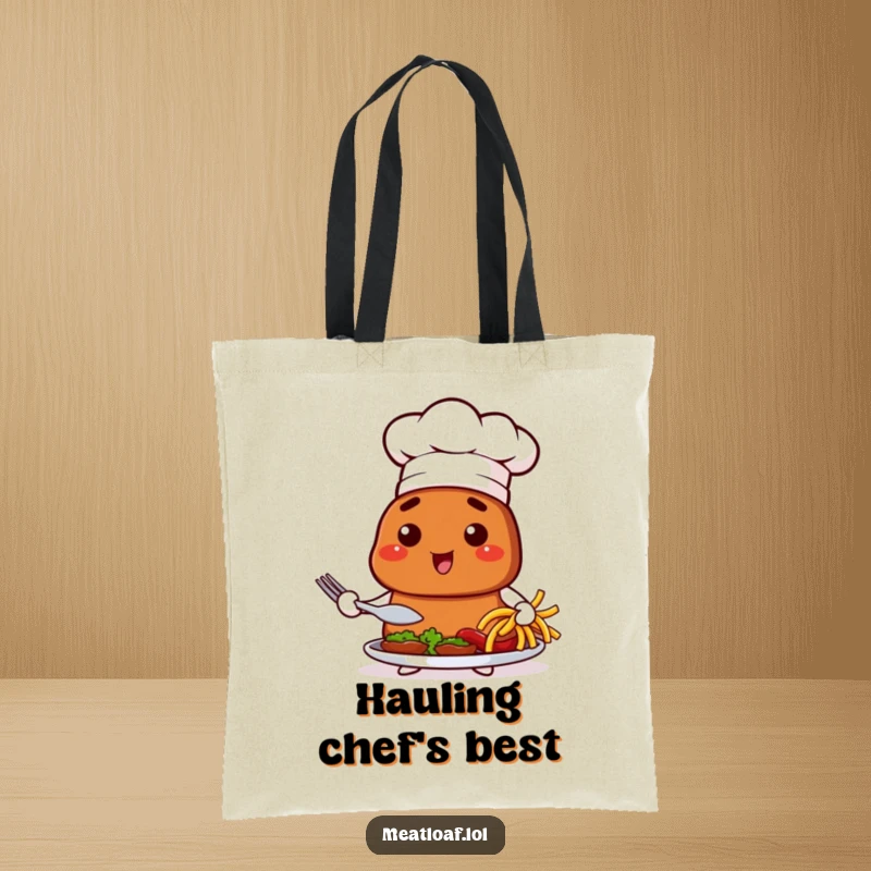 Funny tote bag featuring a chef meatloaf character proudly presenting a dish, ideal for carrying groceries with style.