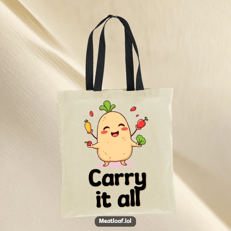 Funny tote bag depicting a giggling meatloaf character juggling small vegetables, a portable piece of culinary amusement.