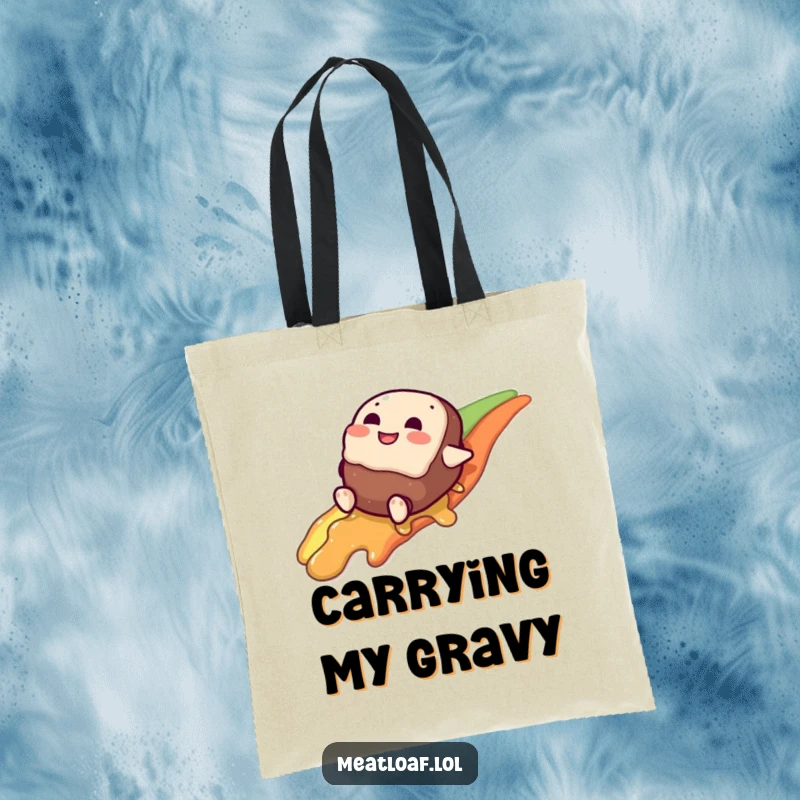 Funny meatloaf character tote bag, giggling while sliding down a gravy rainbow, a fun and practical accessory.