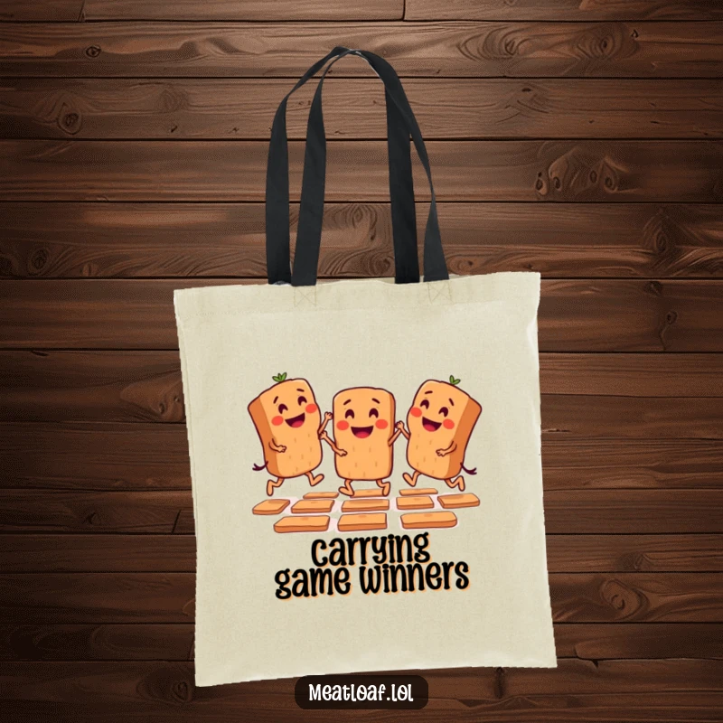 Funny tote bag with mini meatloaf characters playing hopscotch, perfect for carrying essentials with a playful vibe.