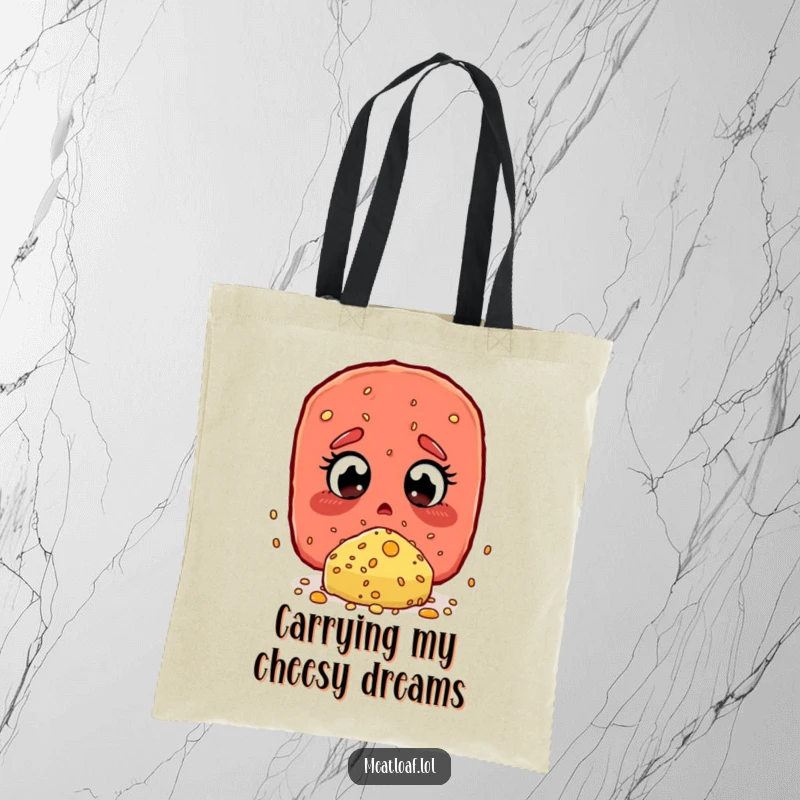 Funny Tote Bag: A meatloaf character looking surprised and delighted by a massive cheese sprinkle.