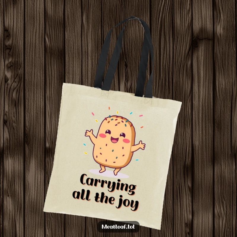 Funny tote bag showcasing a happy meatloaf character dancing joyfully amidst a shower of sprinkles, a portable piece of happiness.