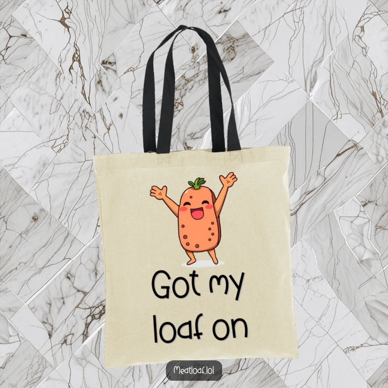 Funny meatloaf tote bag featuring a character performing a joyful, silly dance, ideal for groceries or humor.