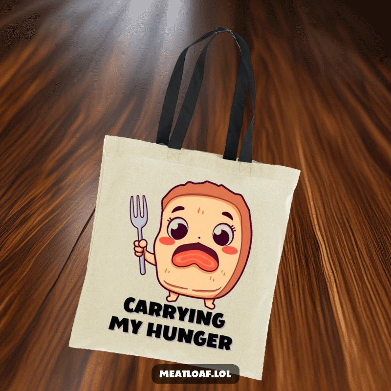 Funny tote bag depicting a meatloaf character with wide, excited eyes and a fork, ready for a humorous outing.