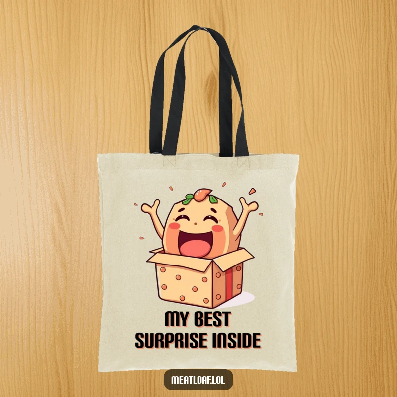 Funny meatloaf character bursting energetically out of a gift box, depicted on a humorous and practical tote bag.