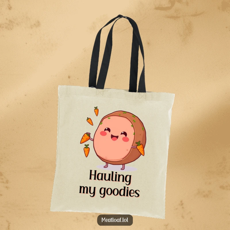 Funny tote bag depicting a smiling meatloaf character juggling carrots, a humorous and eye-catching accessory for daily use.