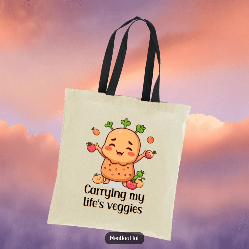 Funny Meatloaf character on a tote bag, juggling small smiling vegetables, perfect for market trips.