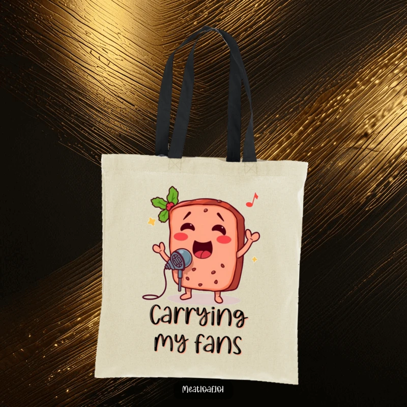 Funny tote bag showcasing a meatloaf slice with a microphone, singing merrily, a hilarious and practical accessory for food lovers.