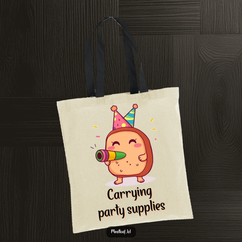 Funny Meatloaf Party Tote Bag: Spacious bag with a meatloaf in a party hat blowing a noisemaker, perfect for carrying items with glee.