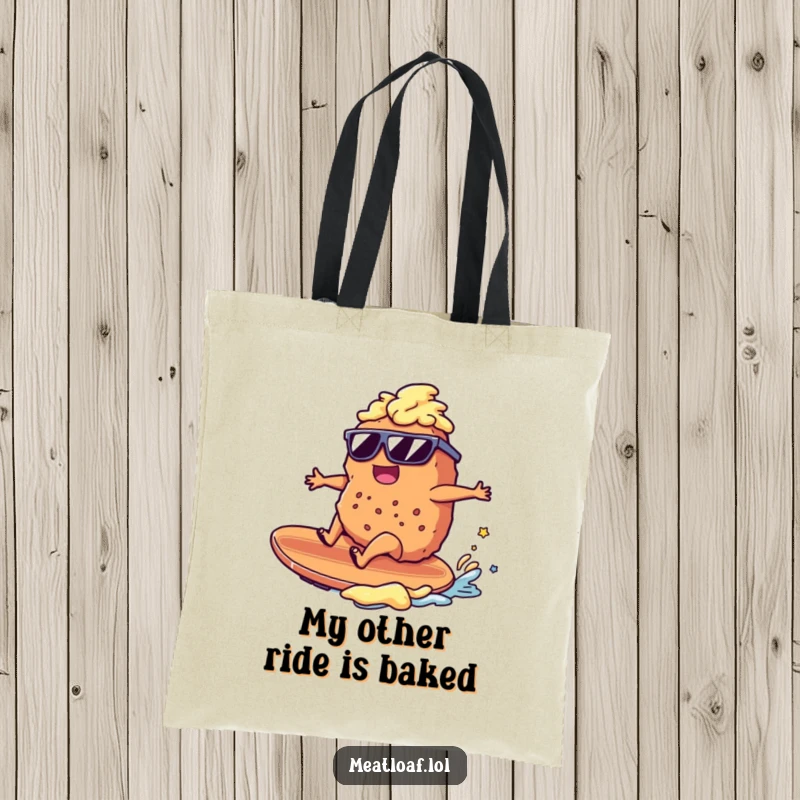 Funny meatloaf character surfing a mashed potato wave, sunglasses, beach theme, durable humorous tote bag, great gift idea.