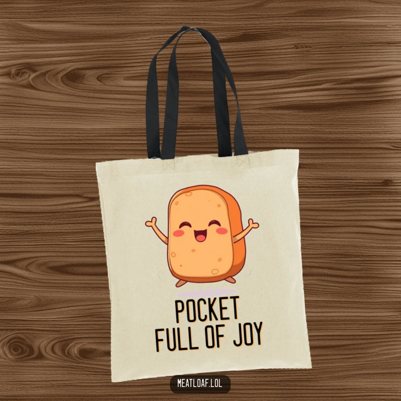Funny tote bag depicting a meatloaf character with tiny legs leaping for joy, a humorous and eye-catching accessory.