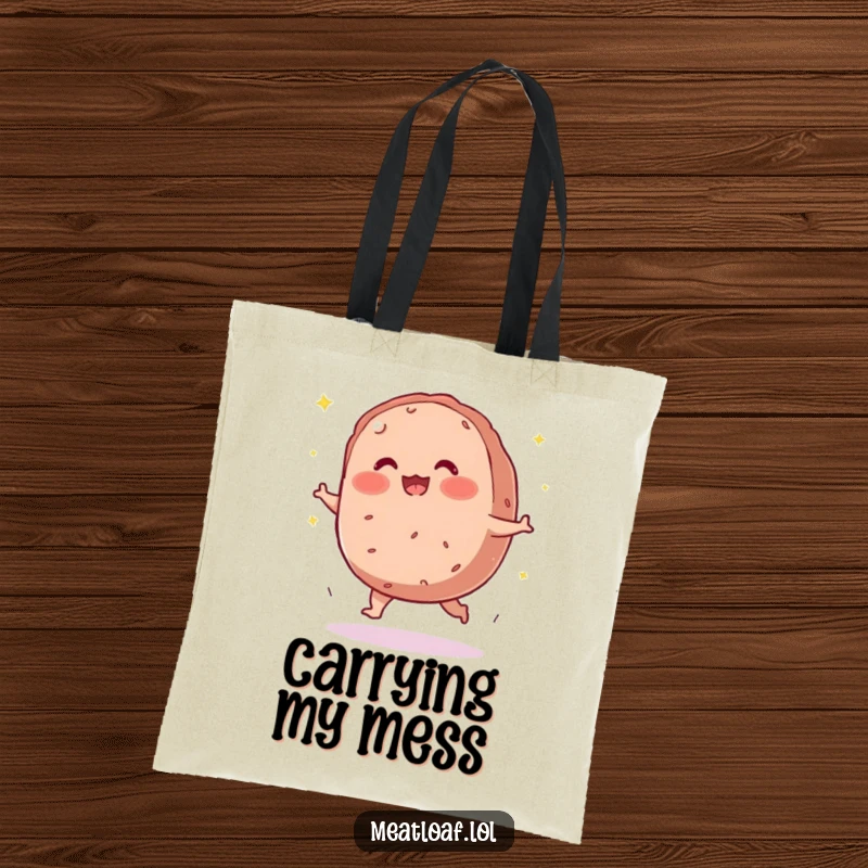 Funny meatloaf tote bag with a blushing character tripping and scattering sparkles.