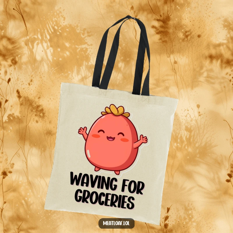 Funny round red meatloaf tote bag with a character's tiny arms waving enthusiastically, great for groceries.