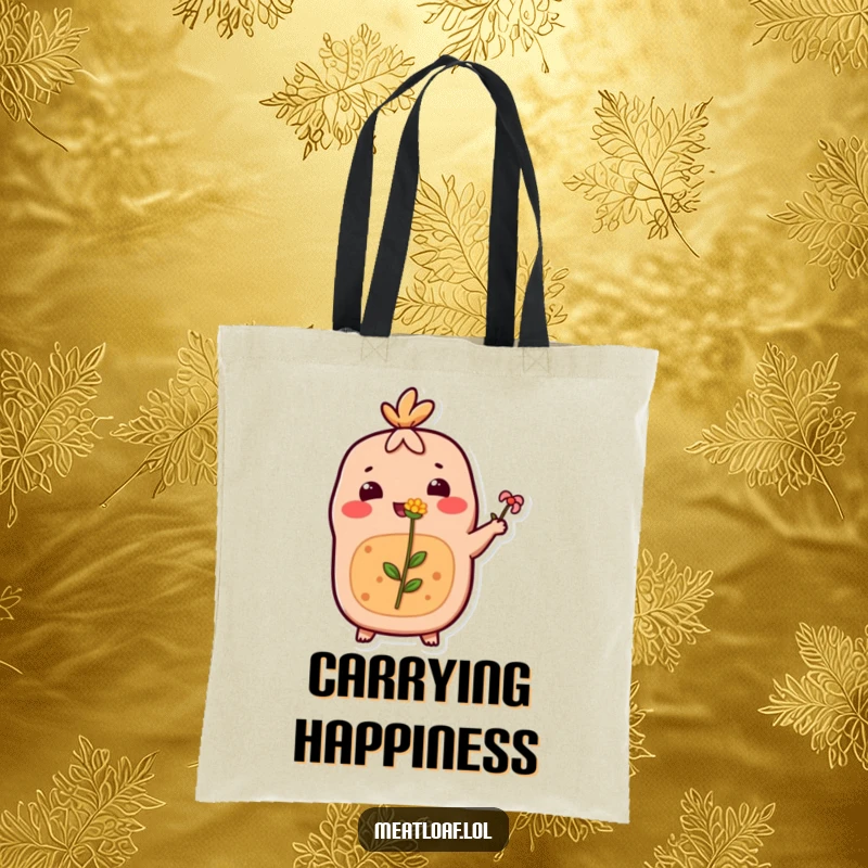 Funny Meatloaf Tote Bag: A happy meatloaf character offers a small flower. A sweet and practical bag for everyday use.