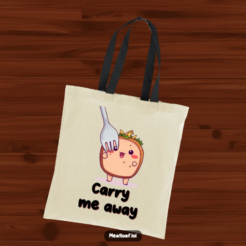 Funny tote bag with a shy meatloaf character peeking from behind a large fork, perfect for carrying items with a hint of bashful charm.