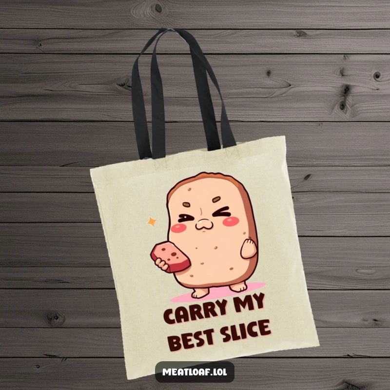 Funny Smug Meatloaf Tote Bag: A smug meatloaf character winks playfully while offering up a tempting slice.