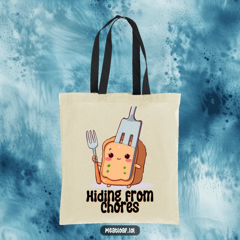 Funny meatloaf slice tote bag with a shy character peeking out from behind a giant fork, great for shopping.