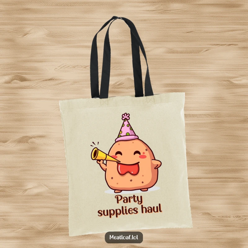 Funny tote bag featuring a meatloaf character wearing a party hat and blowing a party horn, perfect for festivities.