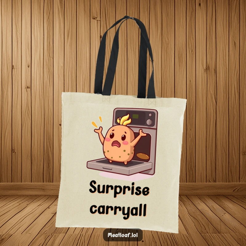 Funny Meatloaf Tote Bag: A shocked meatloaf character is captured mid-leap as it springs from a hot oven.